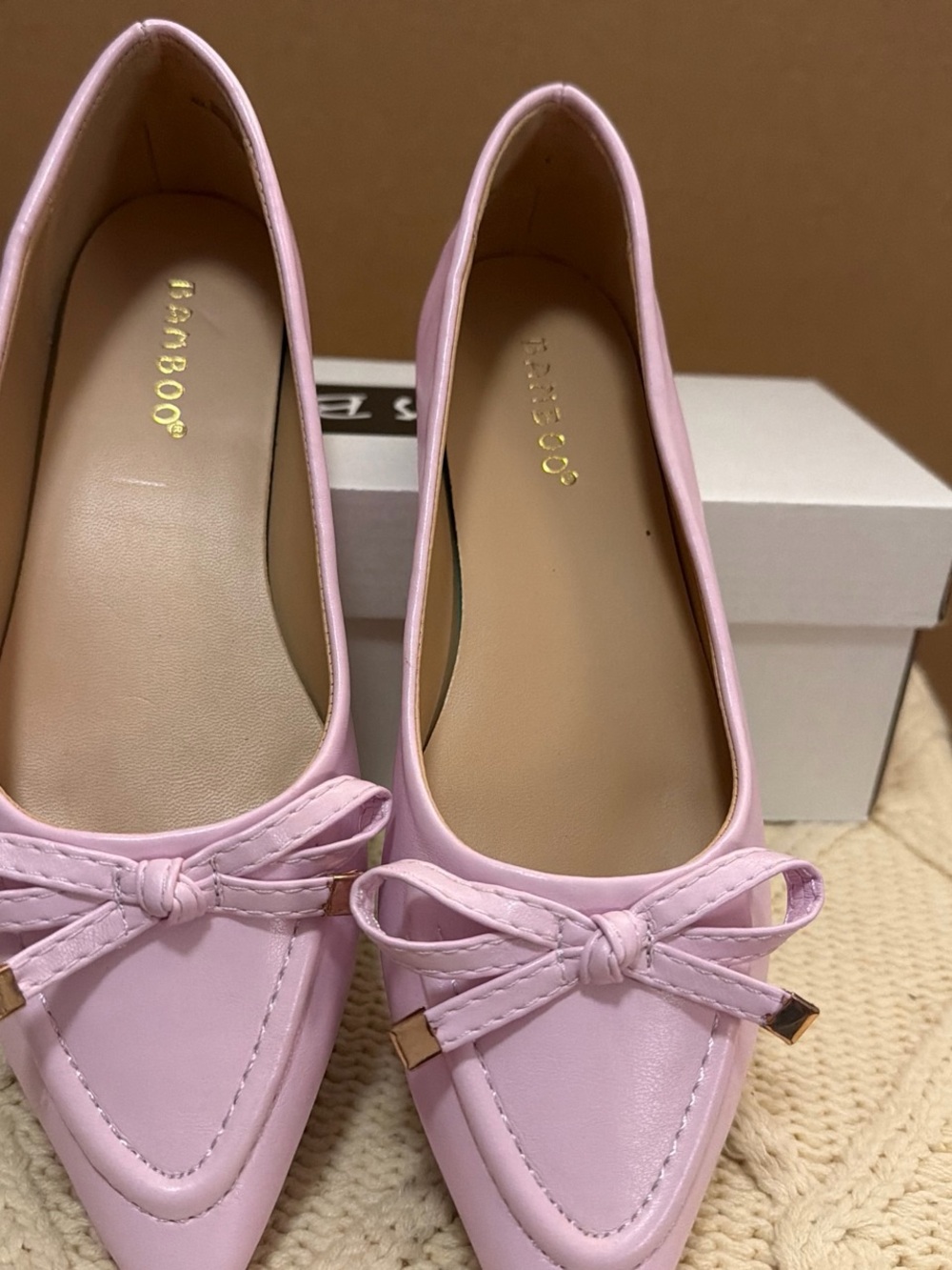 BAMBOO Light Pink Pointed-Toe Bow Flats